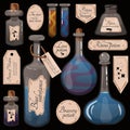 A set of bottles of potion. Vector flasks icons, magic elixir in glass flasks. Witch poison, love potion, Halloween.